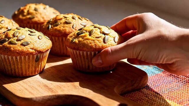 Pumpkin seed muffins on wooden board