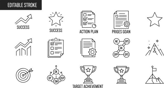 Editable business success flowchart with goals, action plan, and target achievement icons
