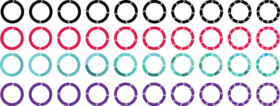 Pie chart set, rotation round cycle process, recyclable sign. Set of round infographics. Rotation arrows in circular motion. recycling icons, segmented circle icons,

