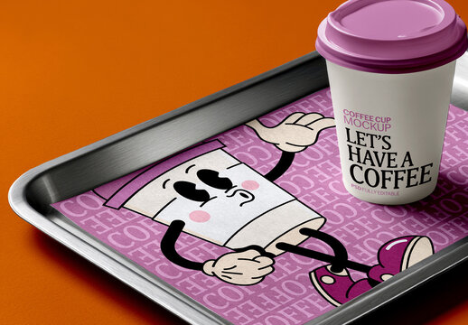 Coffee Cup Mockup On Tray In Cafe Scene With Branding