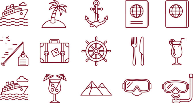 Collection of travel and vacation-themed icons representing various activities and items