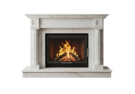 Elegant white marble fireplace with classic fluted columns and a cozy burning wood fire insert