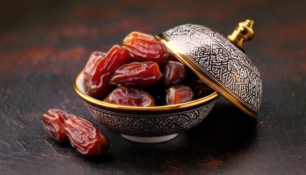 Dates in ornate bowl with lid on dark surface.