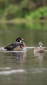 Male and female wood ducks on water, male flapping wings in display, slow motion wildlife scene sexual dimorphism, colorful plumage
