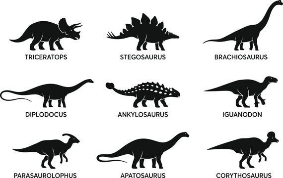 nine dinosaurs in silhouette vector illustration