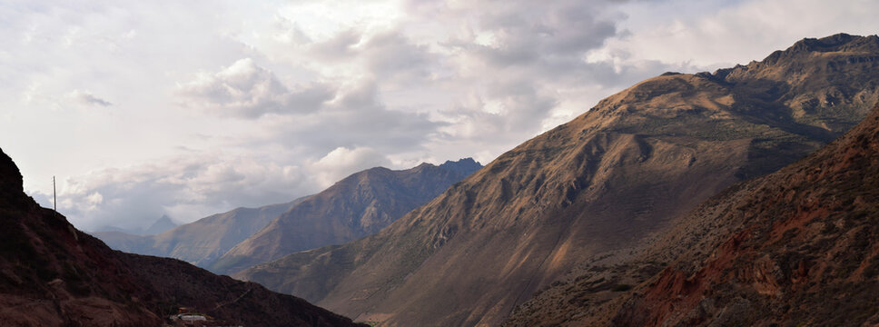 Fantasy yellow effect color of mountain around Las Salineras de Maras, en el Valle Sagrado del Cusco