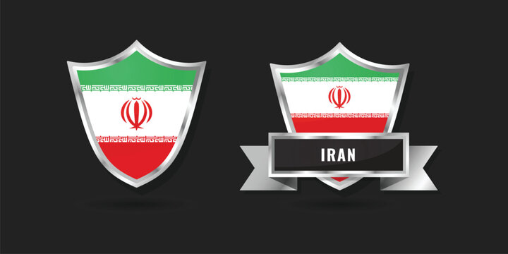 Professional glossy silver shield and banner featuring the national flag of Iran, designed for Middle Eastern branding, culture, and patriotic identity graphics.