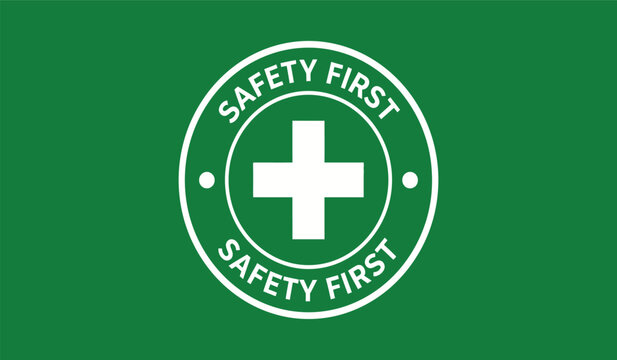 Green safety first logo with white cross and text