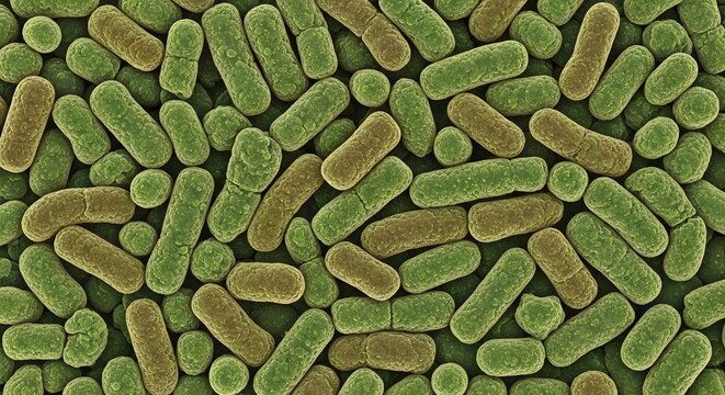 A detailed scanning electron micrograph view of numerous rod shaped bacteria clustered together