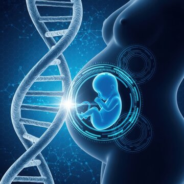 A detailed illustration of a fetus inside a womb with a dna strand.