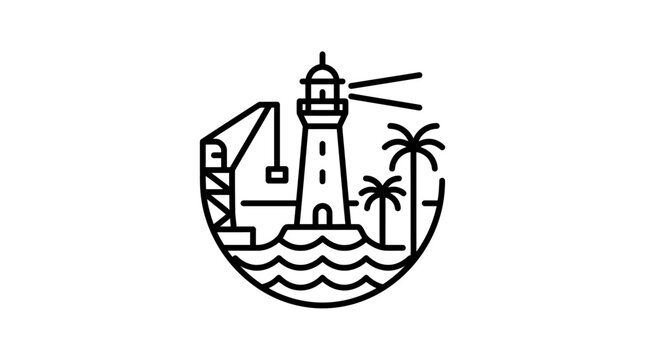 Stylized Nautical Scene With Lighthouse Crane Palm Trees and Waves