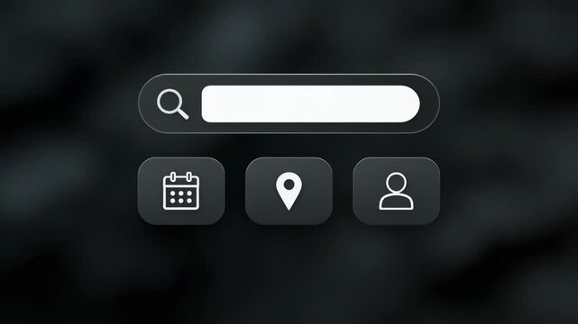 Detailed medium shot of a compact ticket search interface in dark mode focusing on the interactive search bar and filter buttons with the background elements blurred.