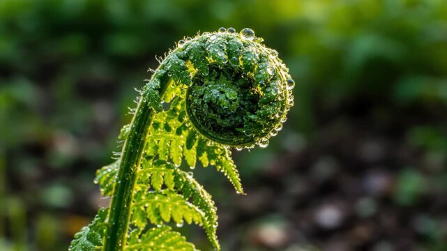 Fern fiddlehead, sprouting new life covered with fresh dew drops