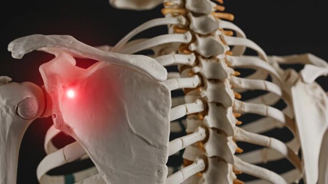 Human Skeleton with Glowing Red Spot on Shoulder Representing Pain
