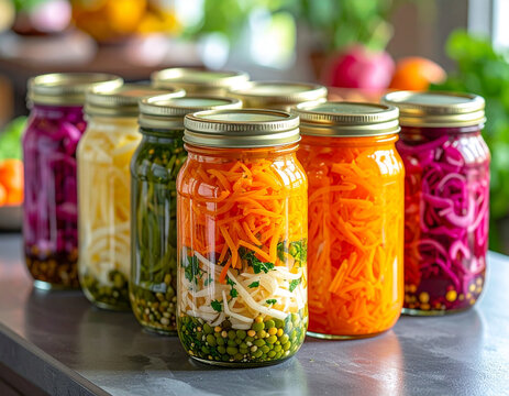 A vibrant array of colorful fermented vegetables showcased artfully in clear glass jars on a table.