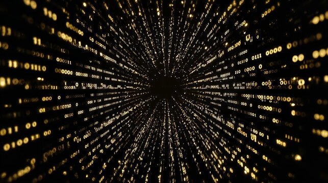 Abstract digital binary code tunnel with glowing golden digits on dark background