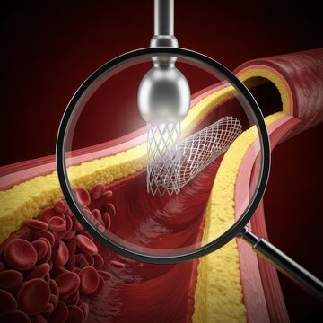 A magnifying glass examining a clot inside a blood vessel with red blood cells visible.