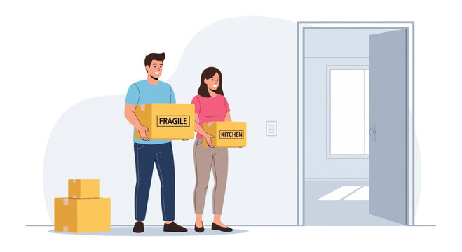 Couple moving into new home, carrying boxes, entering doorway
