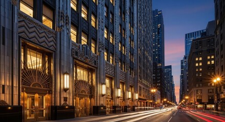 Fototapeta premium Art Deco Skyscraper Facade at Dusk