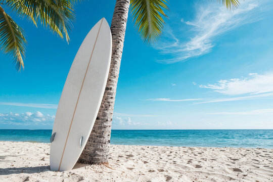 White surf board lean against coconut tree on the beach sea sand with sunny blue sky background