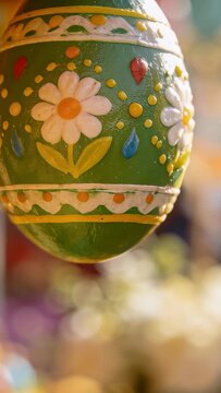 Vertical video: Moving camera pulling focus to green hanging egg at market stall, revealing daisies