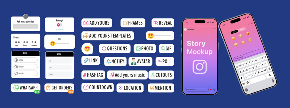 Instagram Story interface badge. Stories tool sticker. notification icons, Blogging set. Location, mention, avatar, poll, countdown, link, quiz hashtag, music icons. Vector illustration.