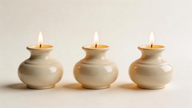 Three lit candles in white ceramic holders