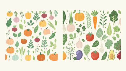 Obraz premium Vibrant Assortment of Hand-Drawn Organic Vegetables and Fresh Leafy Greens Featured in Two Seamless Pattern Designs, Perfect for Healthy Food and Nature-Inspired Concepts