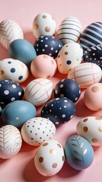 Gentle nudge sending painted eggs rolling inward, colliding, rotating, filling center to form pile