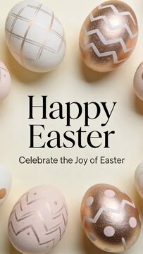 Vertical video: Shifting camera revealing Happy Easter text on cream set for card loop framing eggs