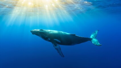 Obraz premium Majestic whale gliding through deep blue ocean, illuminated by sunlight rays, showcasing serene marine wildlife, peaceful underwater scene, natural beauty, vibrant ecosystem, tranquil environment