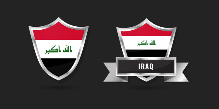 High-quality 3D metallic shield and ribbon featuring the national flag of Iraq, designed for high-end digital branding, international icons, and patriotic identity.