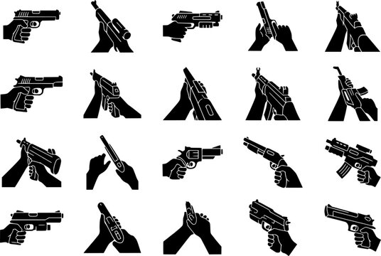 First Person Shooter Gun Icons Set with Hands Holding Weapons