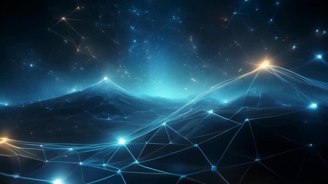 Glowing digital network landscape. Big data connection and futuristic cyberspace concept. Abstract blue wireframe mountains with illuminated nodes and starry background.