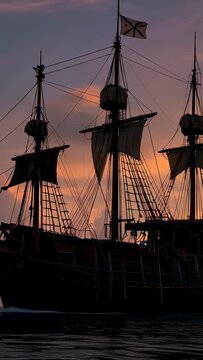 Vertical video: Light wind filling sails, tall ship gliding, wake reflecting sunset, maritime film