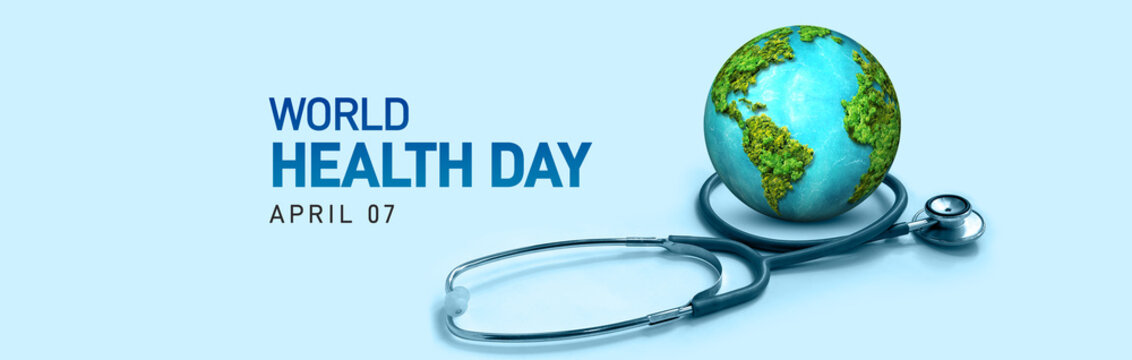 Together for health. Stand with science. World Health day concept 3d background. World health day concept design with doctor stethoscope.