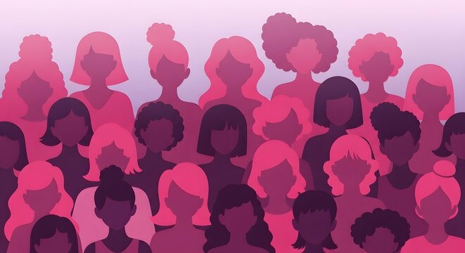 A diverse crowd of women depicted in a stylized flat vector illustration with pink color palette