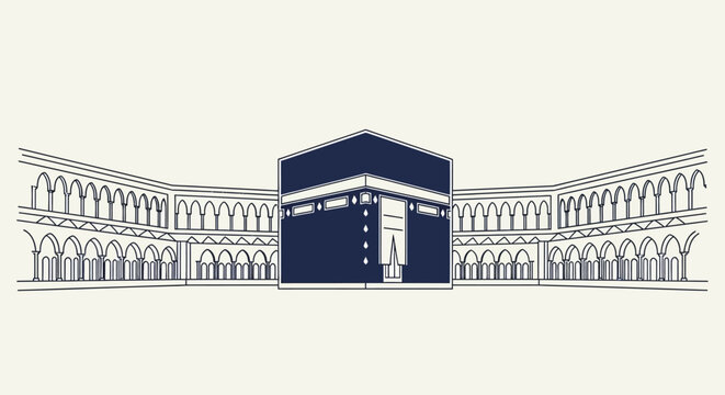 Vector illustration of the revered Kaaba, a central sanctuary for Islamic faith and a destination for spiritual pilgrimage in a grand courtyard