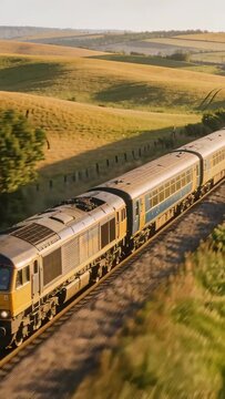 Vertical video: Entering frame, diesel loco and coaches moving along track through sunlit fields