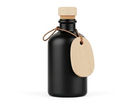 Black bottle with wooden cap and tag on white background  simple elegant design