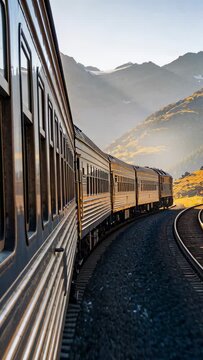Vertical video: Locomotive pulling metal train rounding alpine curve, glowing windows for transport