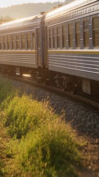 Vertical video: Camera panning as silver carriage rolling on rural rail, revealing bogie and wheat