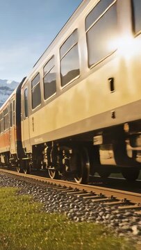 Vertical video: Front entering left red-cream passenger train moving through valley kicking ballast