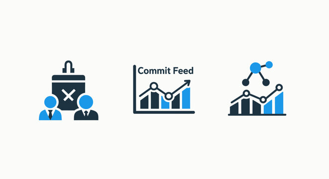 Business data analytics and team scheduling icons: visualizing commit feeds, network metrics, and event cancellations for corporate management