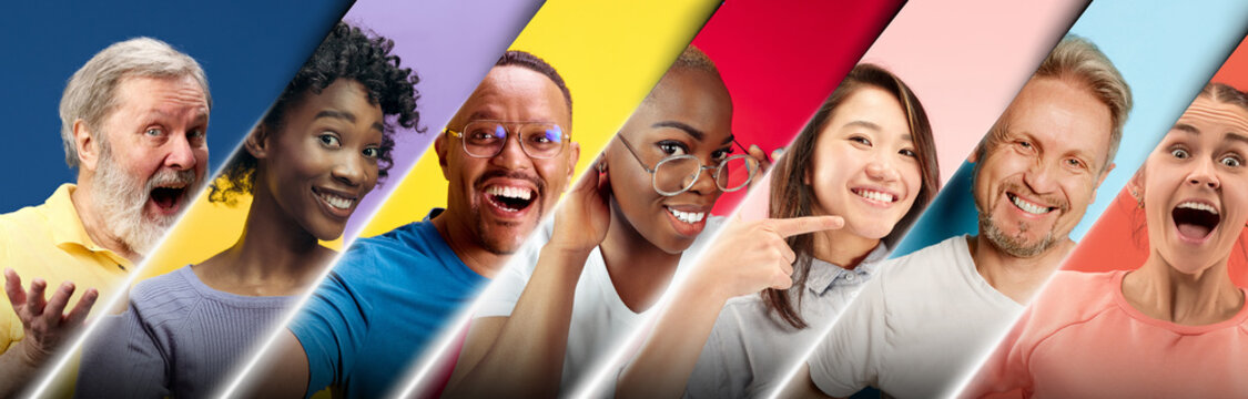 Diverse group of people portraits in diagonal colorful panels banner. Concept of diversity, inclusion, global audience targeting, marketing segmentation and multicultural communication.