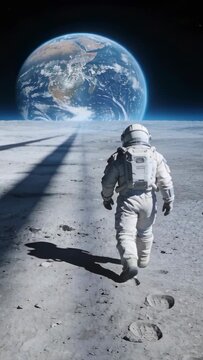 Suited astronaut starting step, walking toward rising Earth, leaving prints while seeking horizon