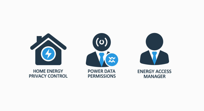 Smart home energy management icons for privacy control, power data permissions, and dedicated account managers