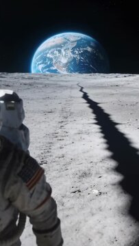Vertical video: Walking astronaut entering left on Moon, kicking lunar dust, surveying, copy space