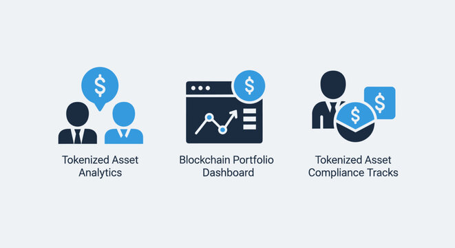 Tokenized asset analytics, blockchain portfolio dashboard, and compliance tracker icons for digital finance solutions