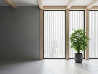 Fototapeta premium Modern interior design with potted plant by large windows overlooking cityscape in highrise building empty room with wooden accents